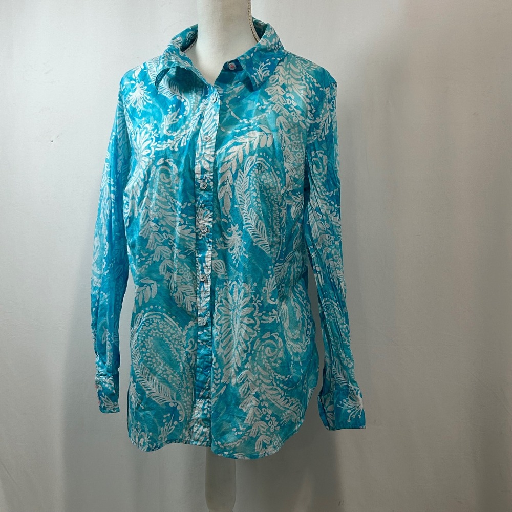 Talbots‎ Plus Size 1X Button Down Long Sleeve Shirt Aqua Blue White Print
